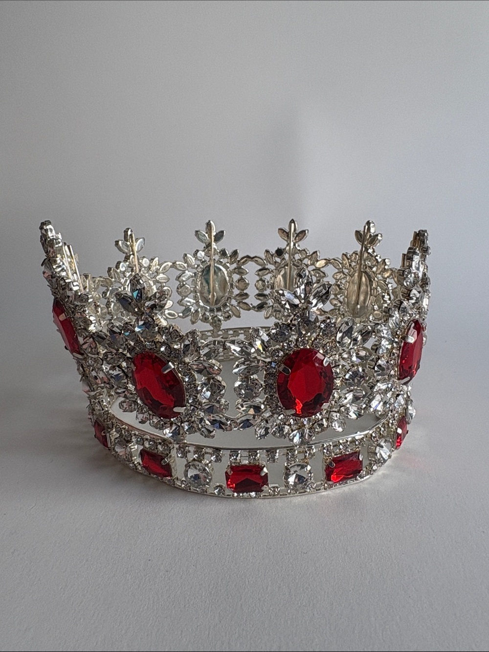 Silver Tiara Crown Red Clear Rhinestone Regal Costume Piece - Picture 3 of 8
